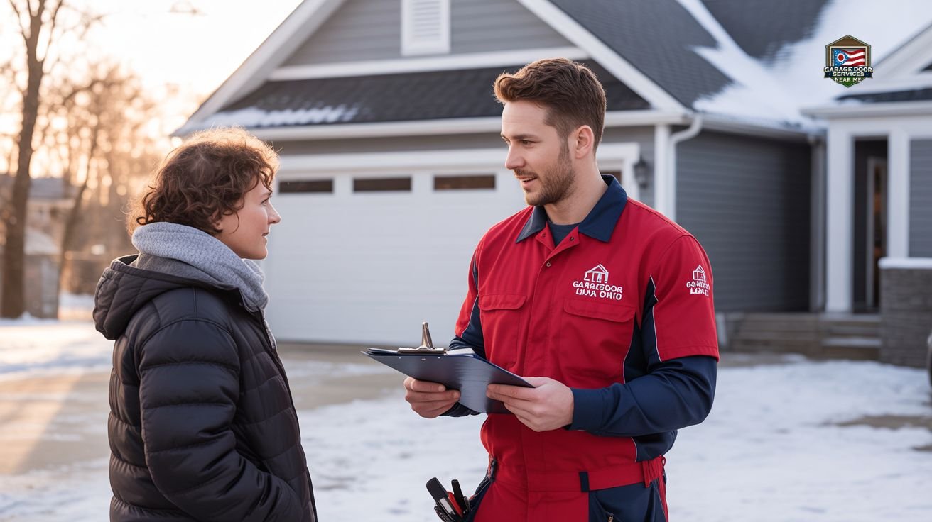 Professional garage door installation and repair services in Lima Ohio - Expert certified technicians working on residential garage door with proper safety equipment